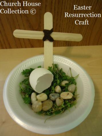 Easter Sunday School Crafts For Kids | Church House Collection |  Easter Resurrection Crafts | Easter Sunday School Crafts For Kids | Wood Cross Tomb using popsicle sticks, eggshells, grass and rocks in a plastic bowl