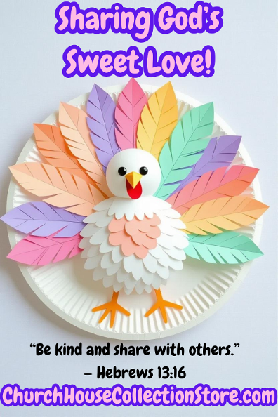 SweetTart The Turkey Thanksgiving Paper Plate Bile Sunday School Craft for Preschool Lesson by ChurchHouseCollectionStore.com Pastel turkey feathers craft for kids to make