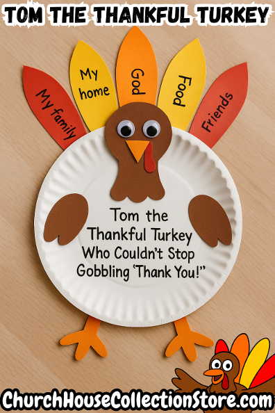 Tom The Thankful Turkey Thanksgiving Free Preschool Bible Sunday School Lesson Paper Plate Craft.Cutout feathers from colored construction paper. 
