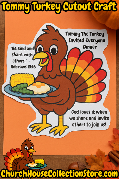 Tommy the turkey Thanksgiving cutout printable paper craft  by ChurchHouseCollectionStore.com Free Preschool Bible Sunday School Lessons